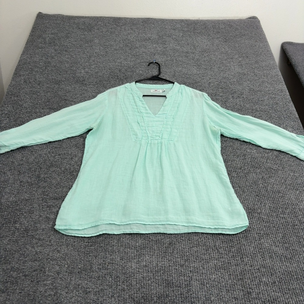 Vineyard Vines Top Womens M Green Linen Pintuck Pleated V-Neck Coastal Preppy